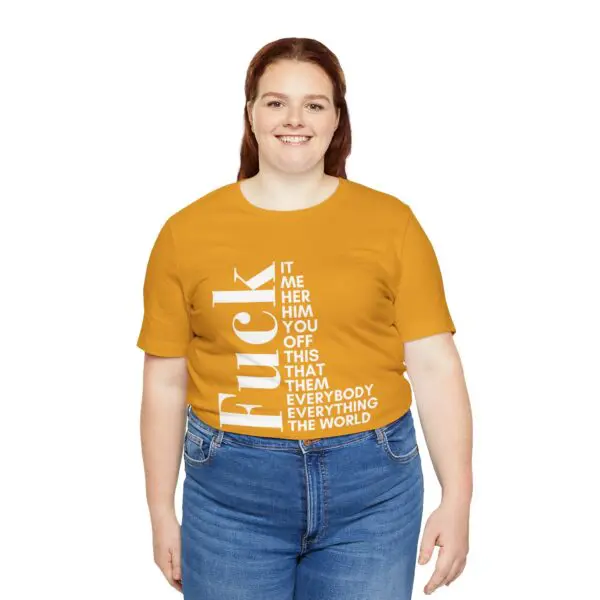 Person wearing a graphic text t-shirt.