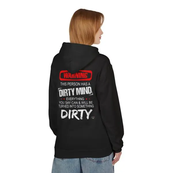 Person wearing a hoodie with humorous text.
