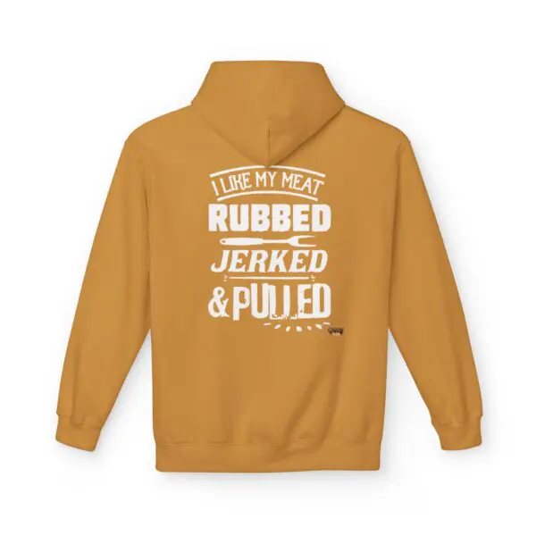 Brown hoodie with humorous barbecue text.