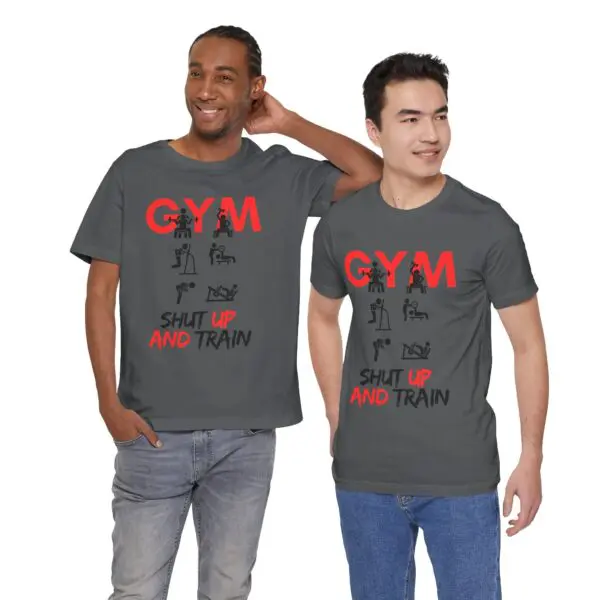 Two men wearing "Gym" motivational shirts.