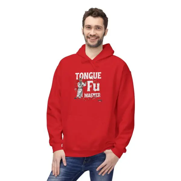Man wearing red hoodie, "Tongue Fu Master.