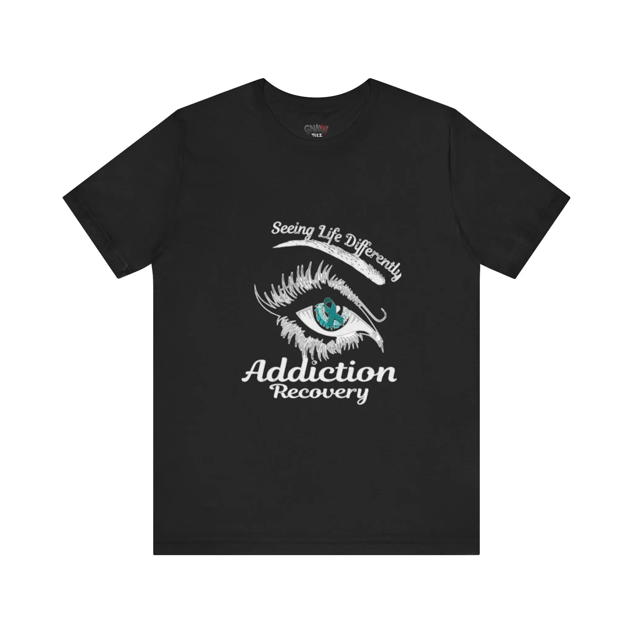 Black t-shirt with eye and text design.
