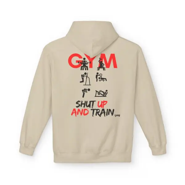 Beige hoodie with gym workout illustrations.