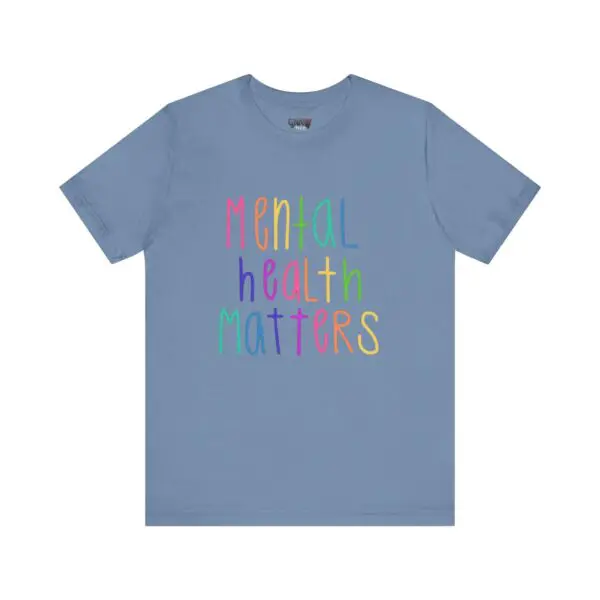 Blue shirt with "Mental Health Matters" text.
