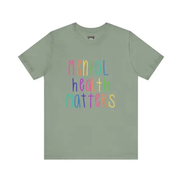 T-shirt with "Mental Health Matters" text.