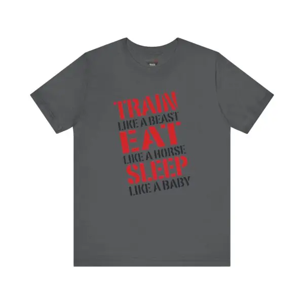 Gray T-shirt with motivational red text.
