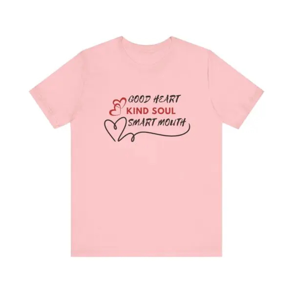 Pink t-shirt with inspirational text and hearts.