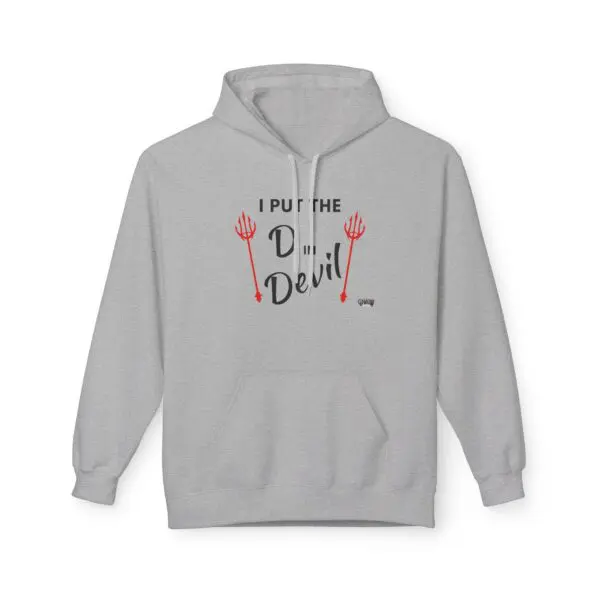 Gray hoodie with devil-themed graphic design.