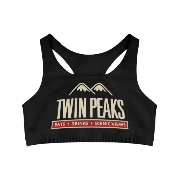 Black sports bra with "Twin Peaks" logo.