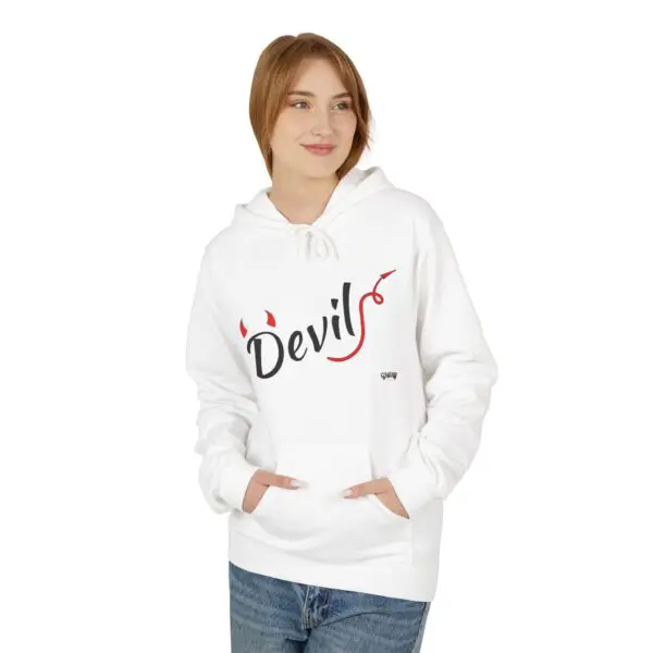 Woman in white hoodie with "Devils" logo.