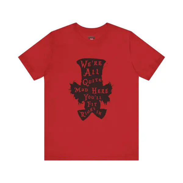 Red shirt with whimsical text design.