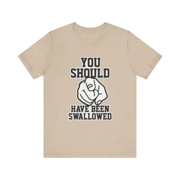 Beige t-shirt with humorous text design.