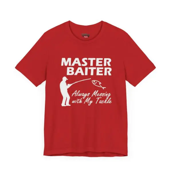 Red T-shirt with humorous fishing graphic.