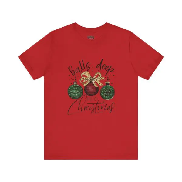Red Christmas t-shirt with festive ornaments design.