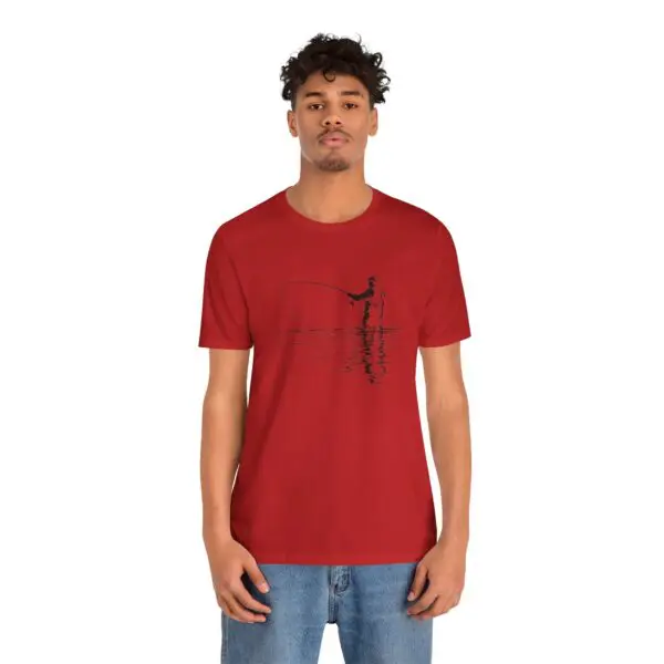 Man wearing a red fishing-themed t-shirt.