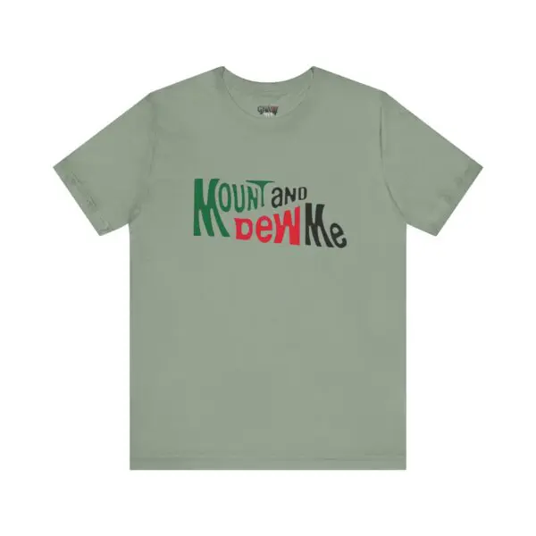 Green T-shirt with colorful text design.