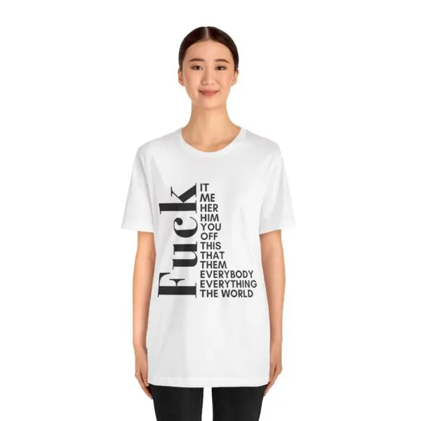 Person wearing a graphic white t-shirt.