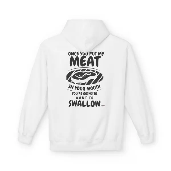 White hoodie with bold black text design.