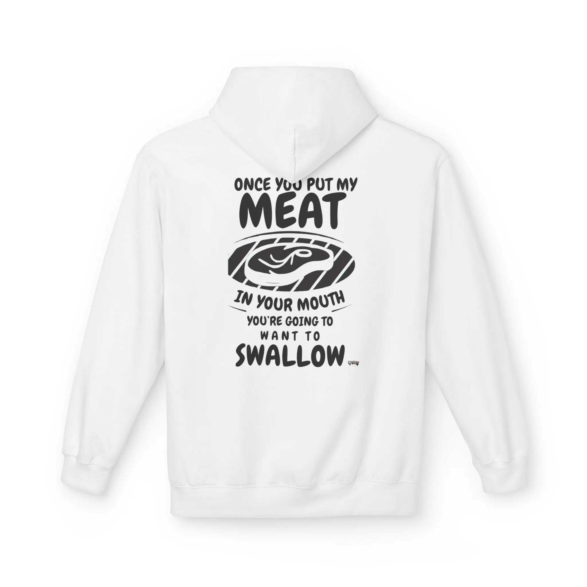 White hoodie with bold black text design.