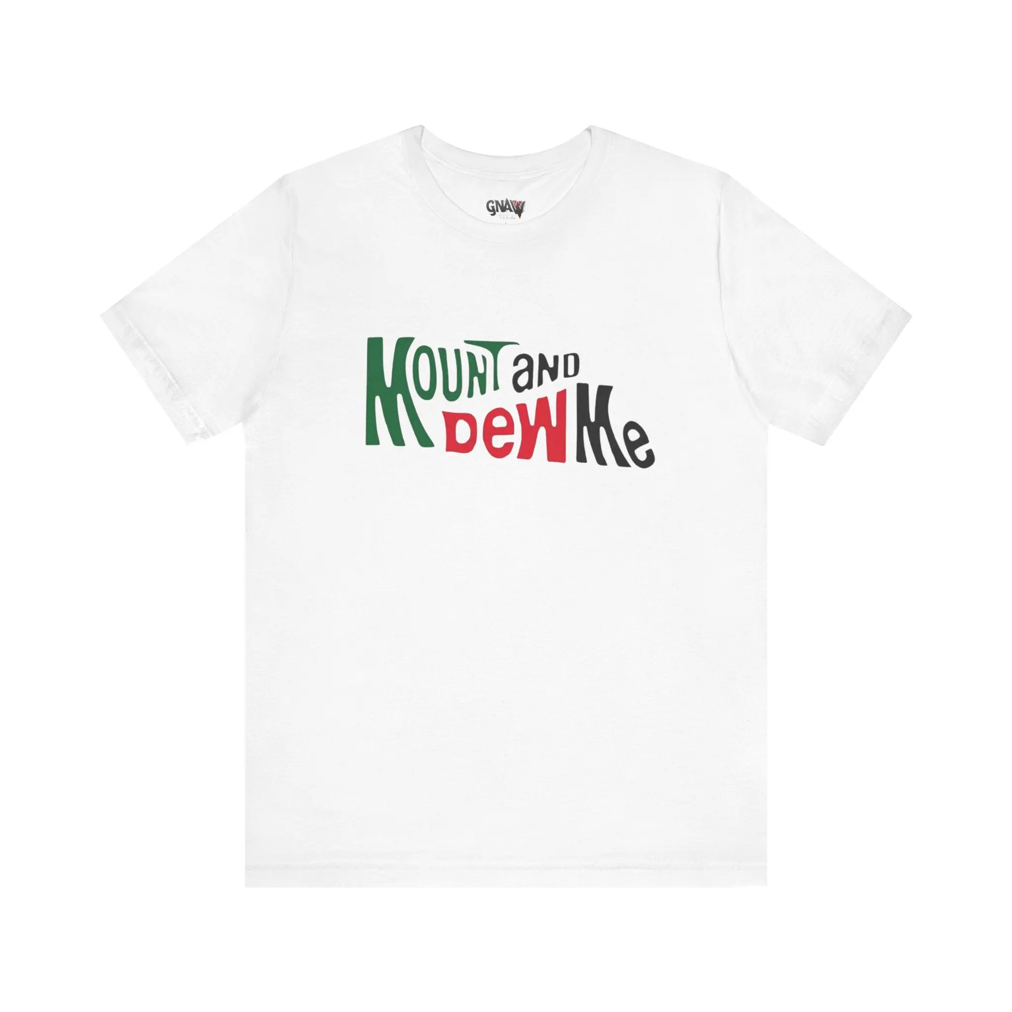 White t-shirt with colorful graphic text.