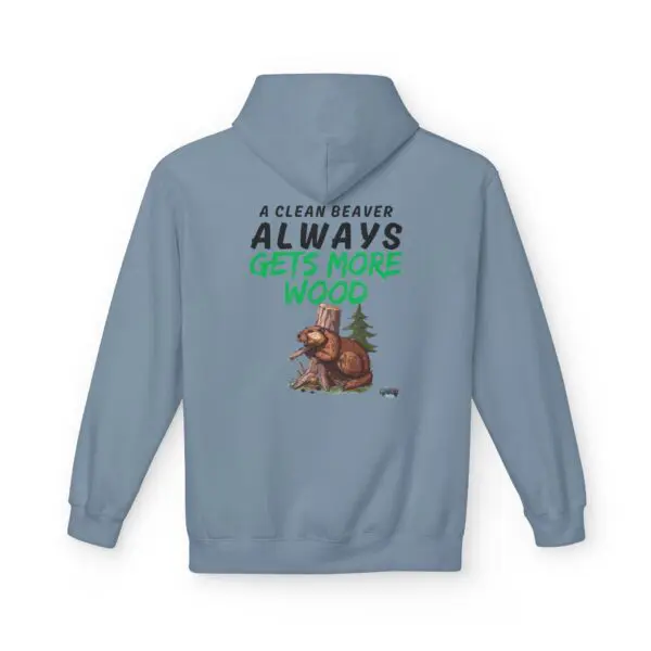 Blue hoodie with beaver illustration and text.