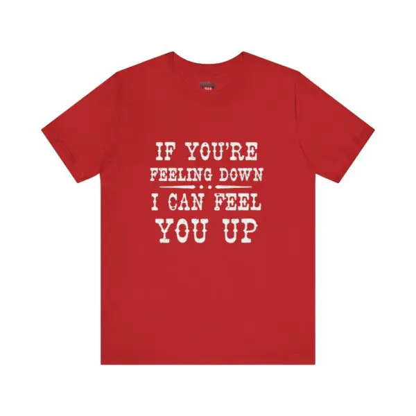 Red t-shirt with humorous white text.