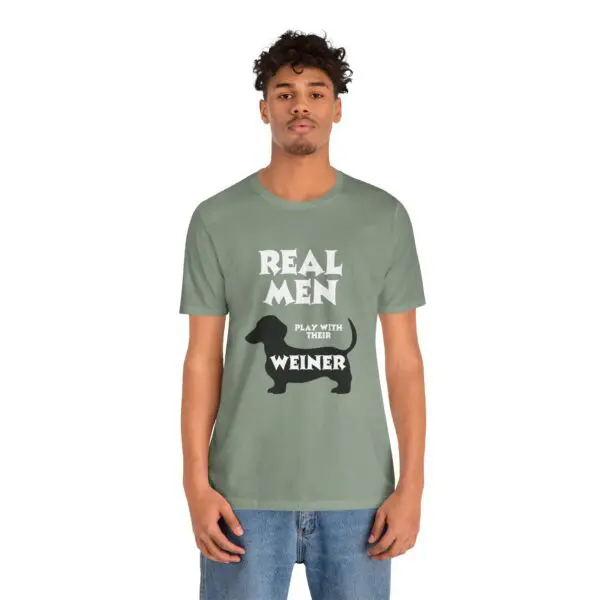 Man wearing humorous dachshund-themed t-shirt.