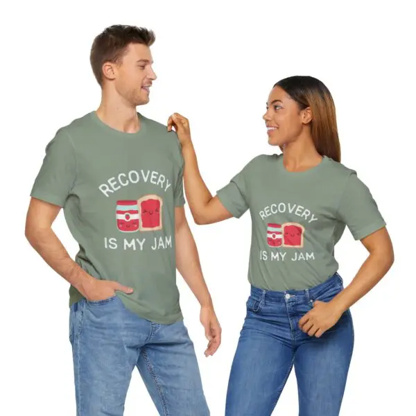 Couple wearing "Recovery is My Jam" shirts.