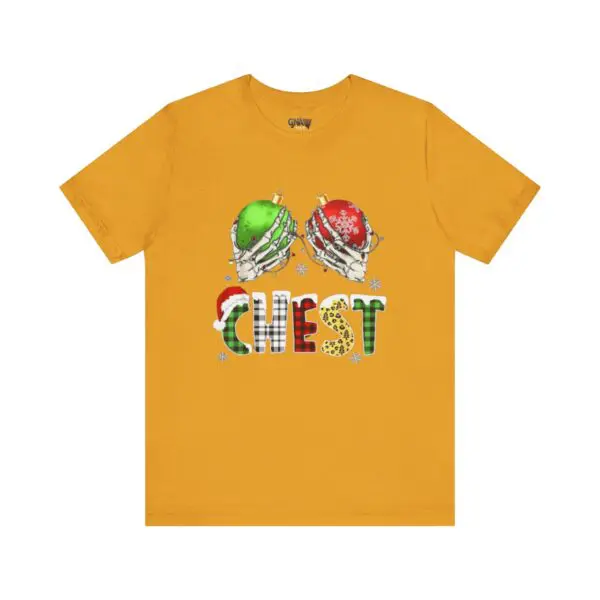 Yellow shirt with festive chest design.