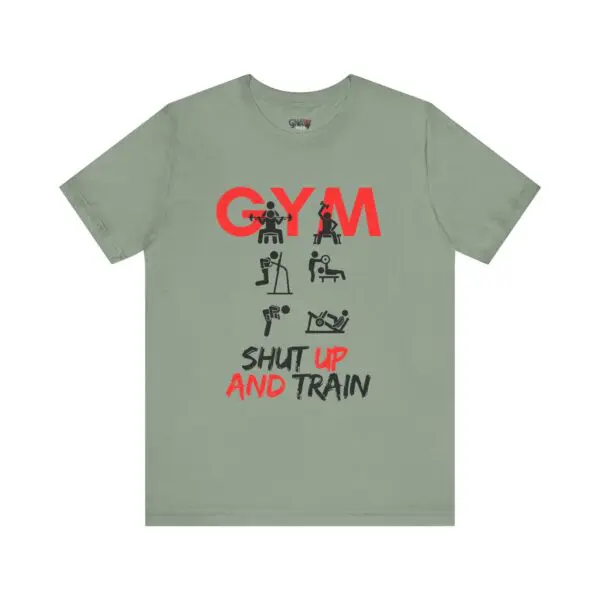 Green t-shirt with gym-themed graphic design.