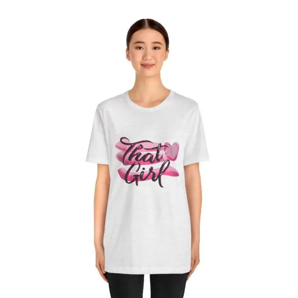 Woman wearing "That Girl" printed t-shirt.