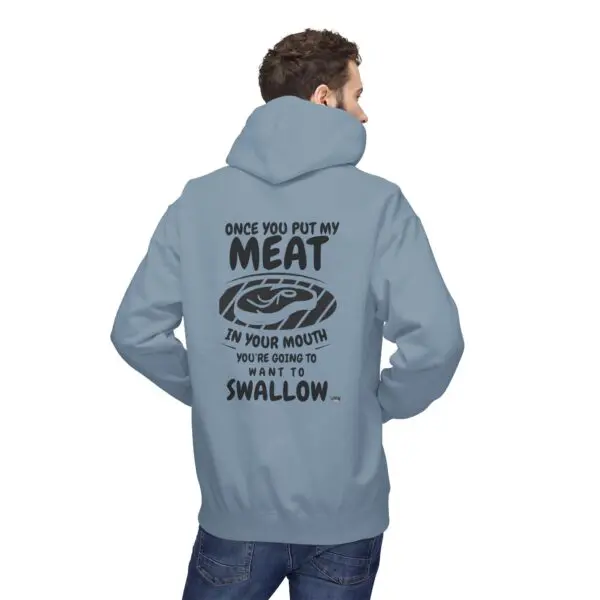 Man wearing hoodie with humorous meat graphic.