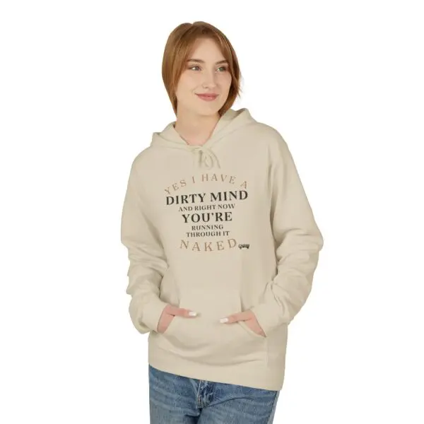 Woman wearing hoodie with humorous text.