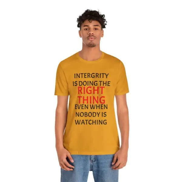 Man wearing shirt with integrity quote.