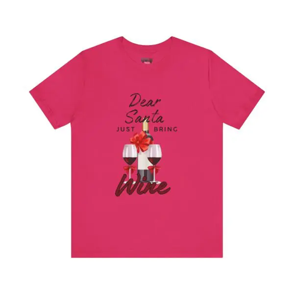 Red shirt with wine-themed Santa text.