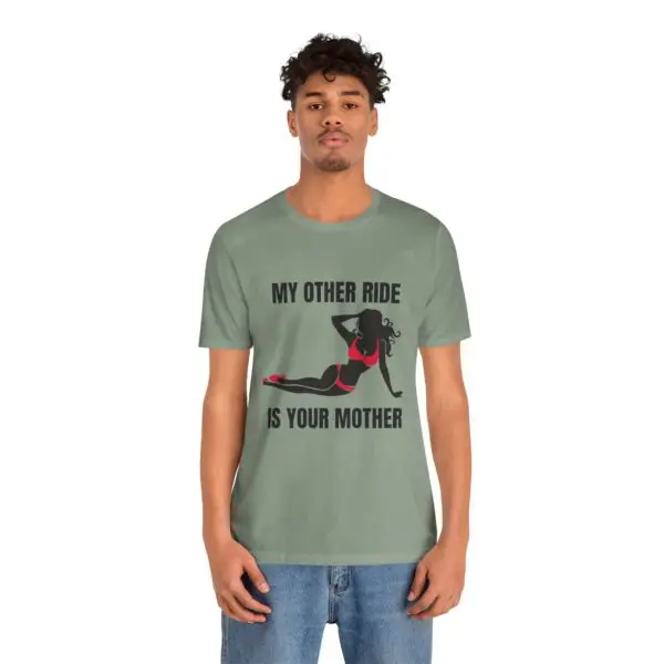 Man wearing graphic t-shirt with bold text.