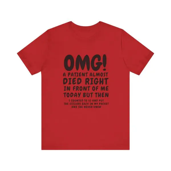 Red shirt with humorous medical text.