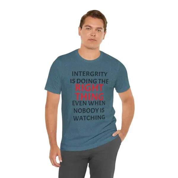 Man wearing shirt with integrity quote.