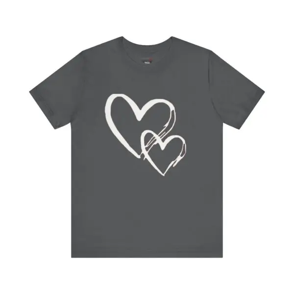 Gray T-shirt with two white hearts.