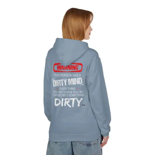 Person wearing hoodie with humorous warning text.