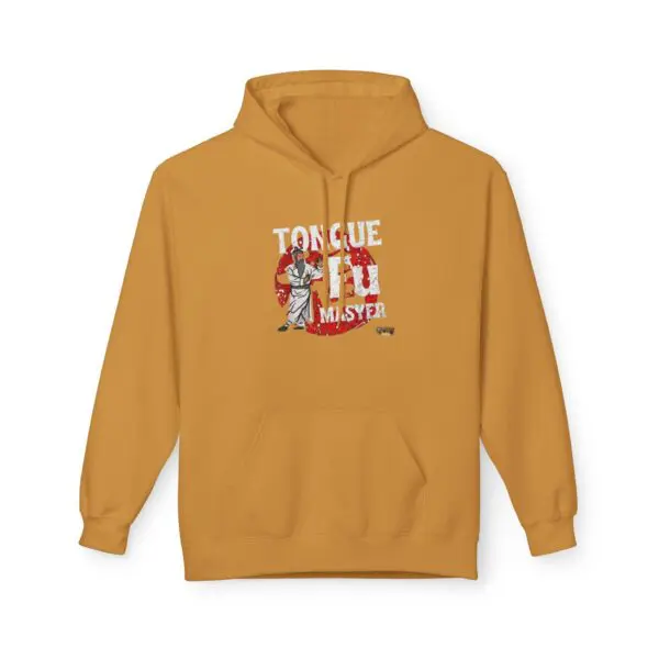 Mustard hoodie with martial arts graphic design.