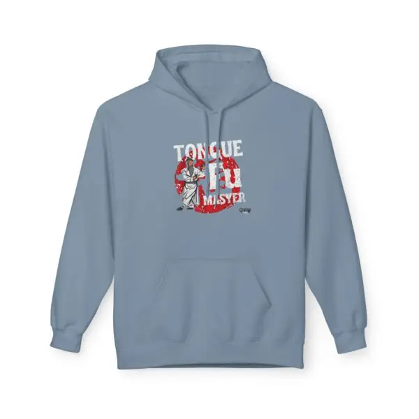 Blue hoodie with graphic and text design.