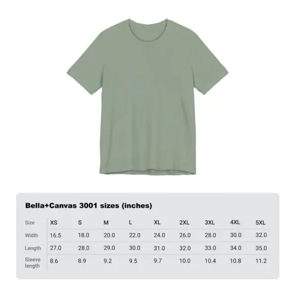 Green t-shirt with size chart displayed.