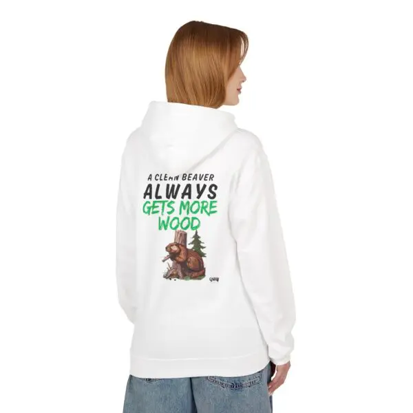Person wearing hoodie with beaver design.