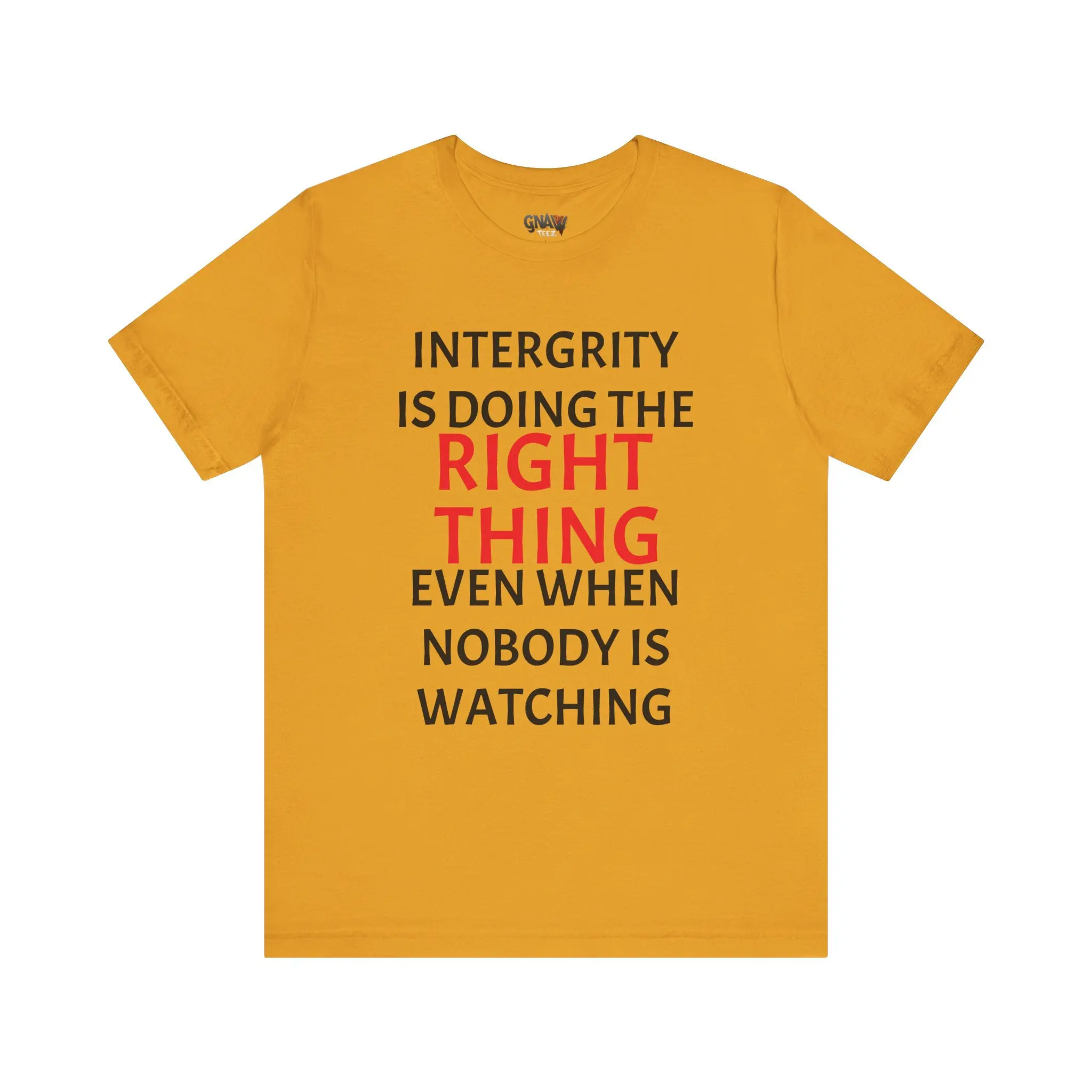 Yellow t-shirt with integrity quote text.