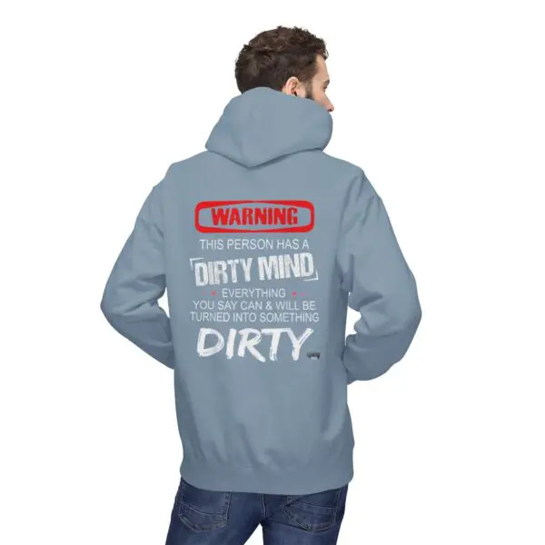 Man wearing hoodie with humorous warning message.