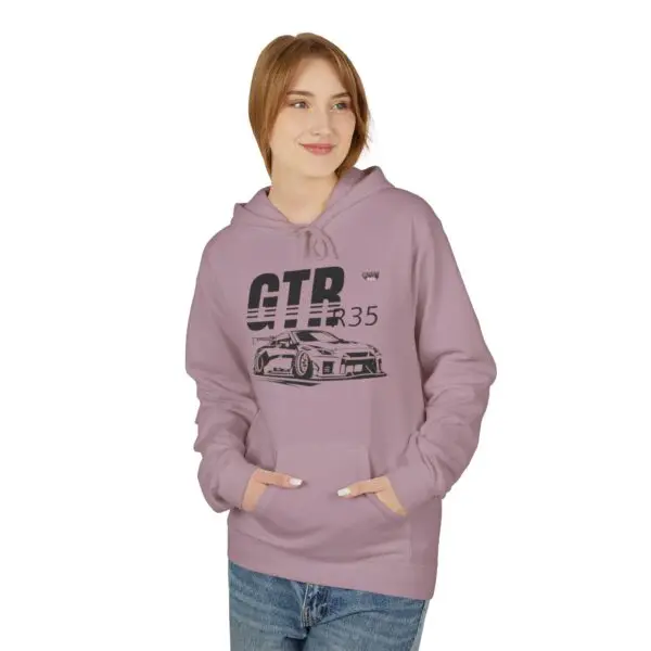 Woman wearing purple car-themed hoodie.