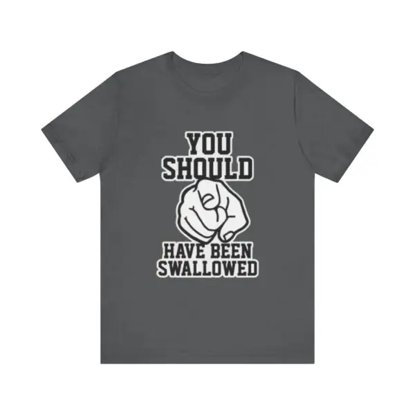 Gray T-shirt with bold text design.