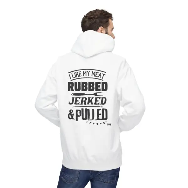 Man wearing hoodie with humorous meat text.