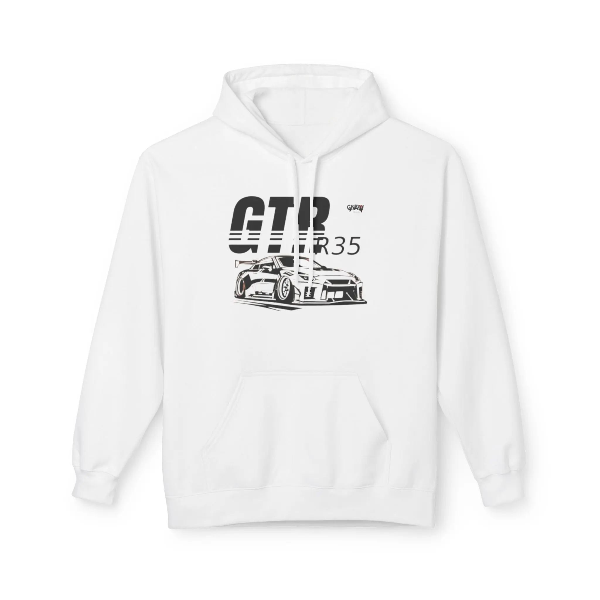White hoodie with GTR R35 car design.
